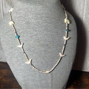 Vintage Heishi Fetish Bird and Bear Bead Necklace Featuring Turquoise stones